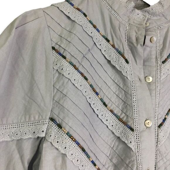 Harper Sage Whimsy Blouse Cottage Core Beaded Top - Picture 5 of 9
